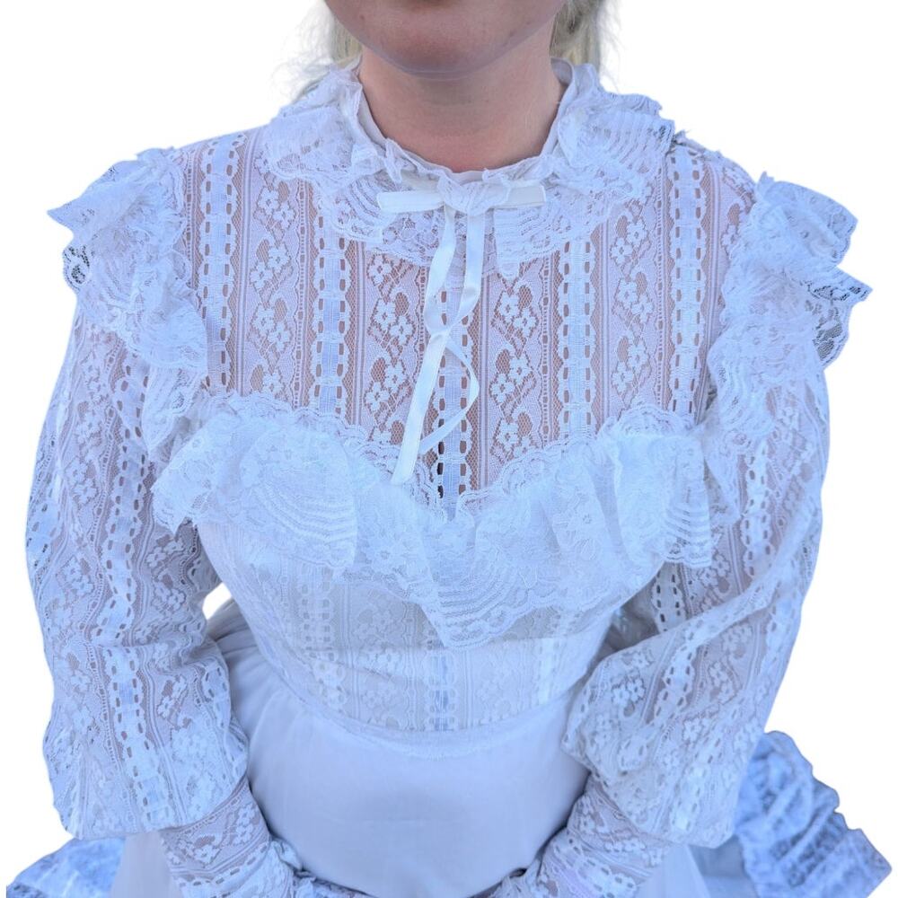Vintage 70s Victorian Wedding Dress Bridgerton Lace High Neck Illusion Neckline - Picture 4 of 14